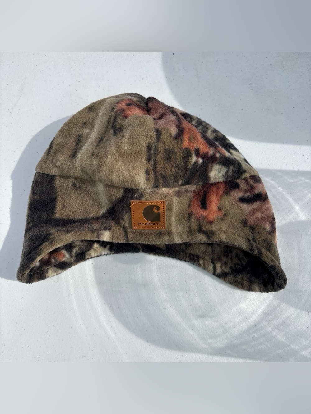 Mens Carhartt Camo Fleece Trapper Hat - Brown/Olive with Rust Accents